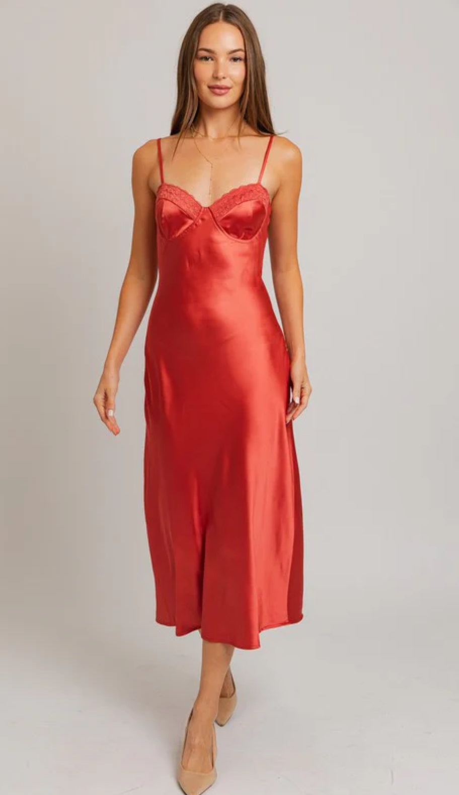 Sylvie Lace Trim Satin Midi Dress