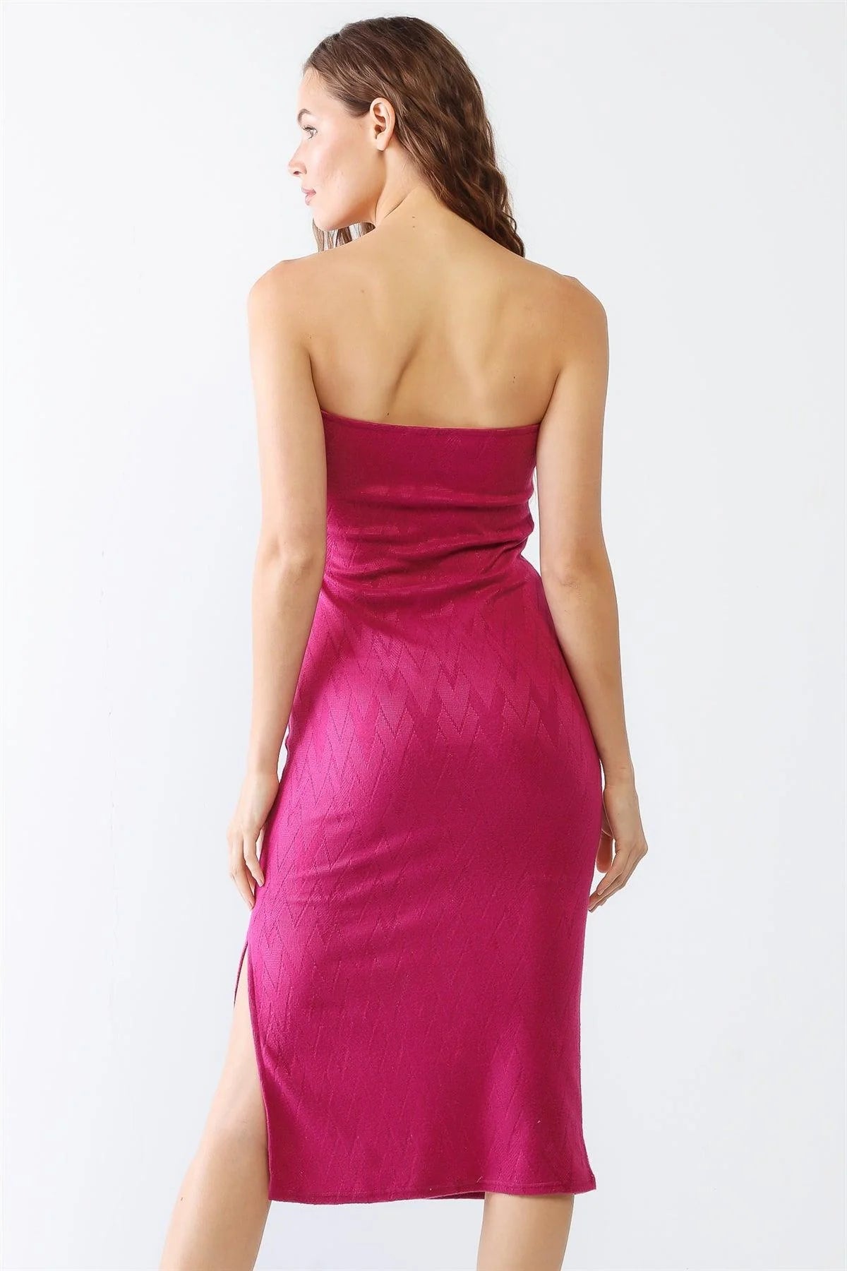 Victoria Magenta Strapless Side Slit Midi Dress