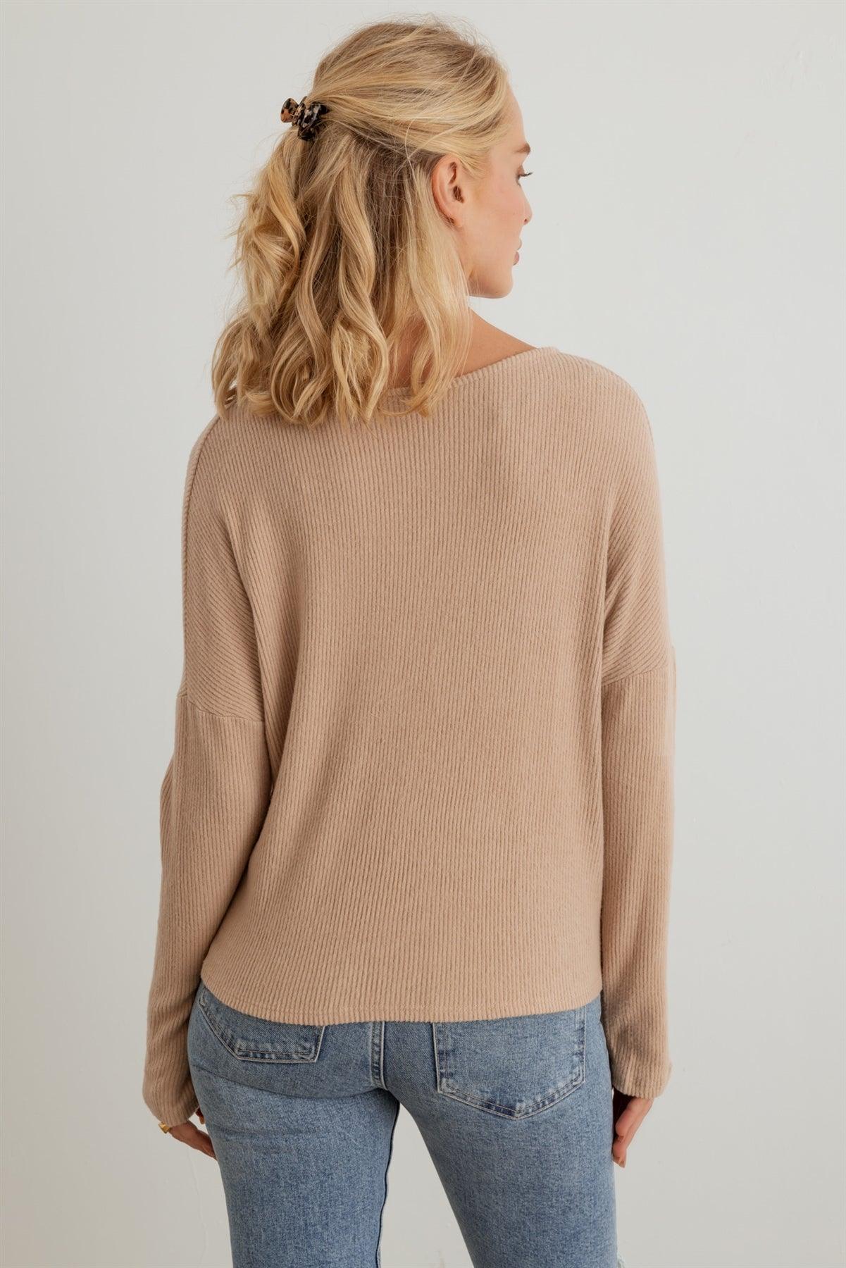 Ribbed Collar Neck Long Sleeve Top