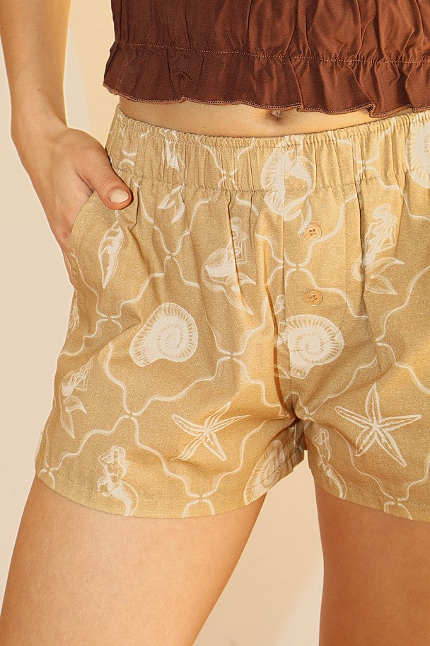 MERMAID AND SHELL PRINT SHORTS WITH LACE TRIM