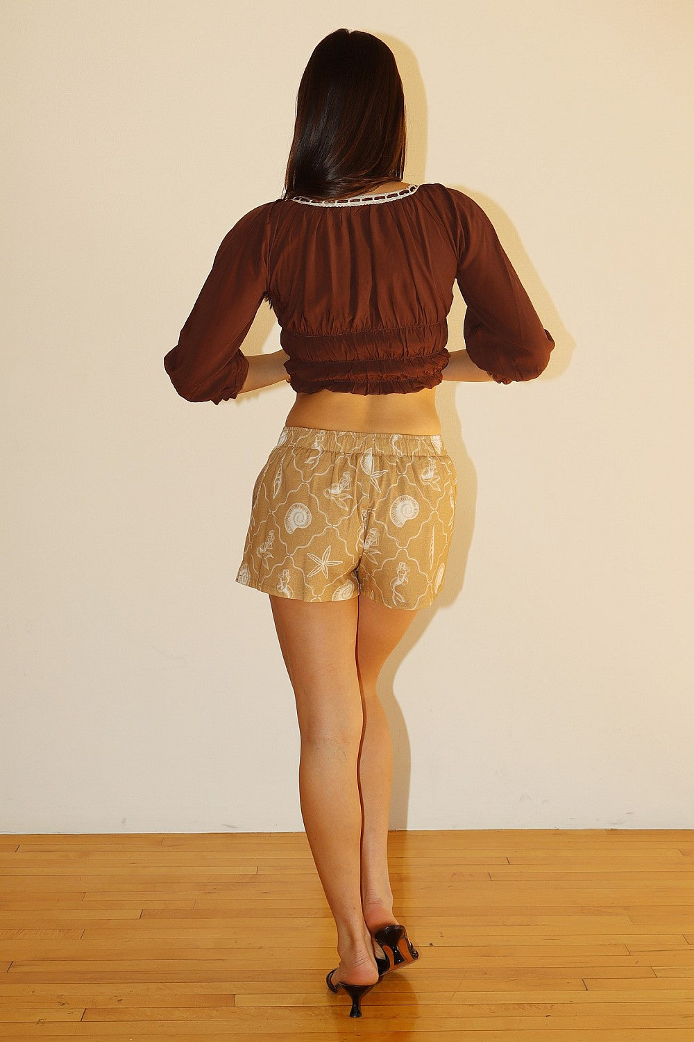 MERMAID AND SHELL PRINT SHORTS WITH LACE TRIM