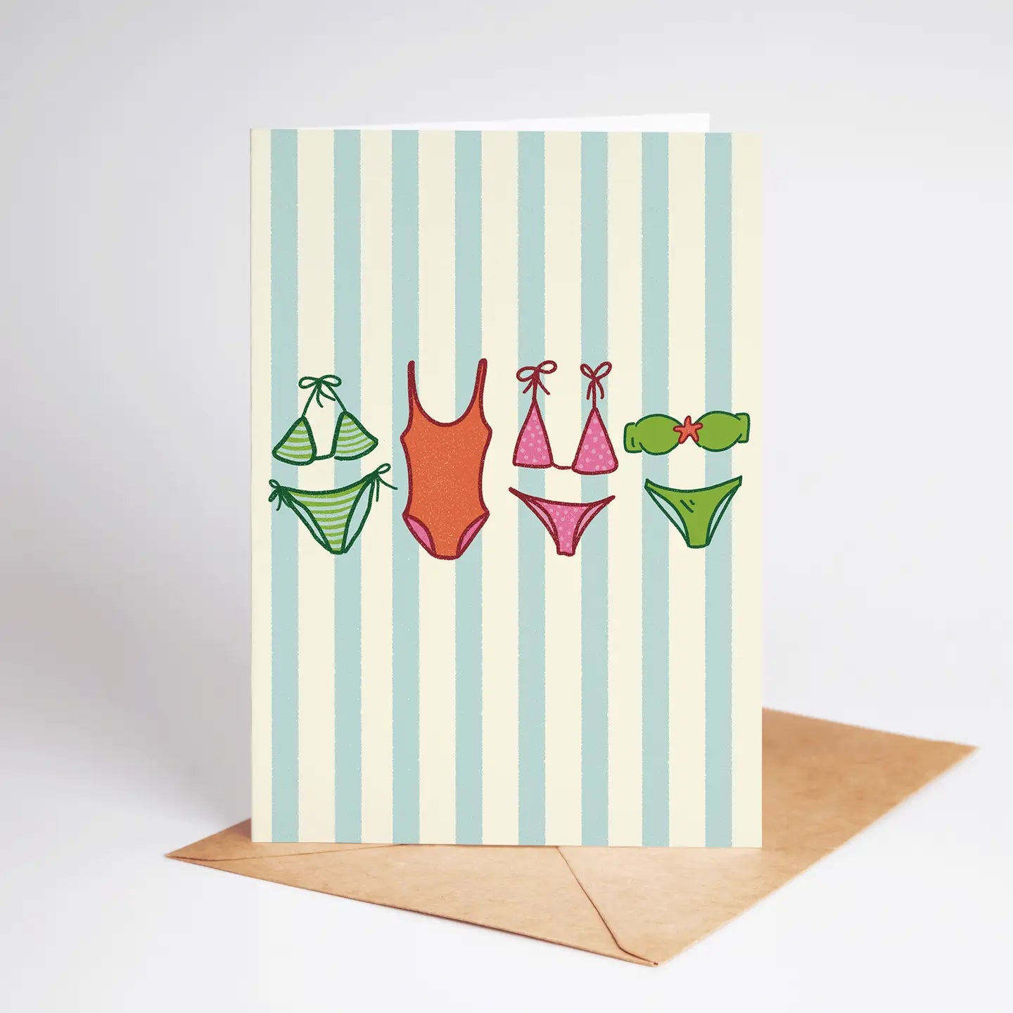 Summer Swimsuits Striped Beach Coastal Greeting Card
