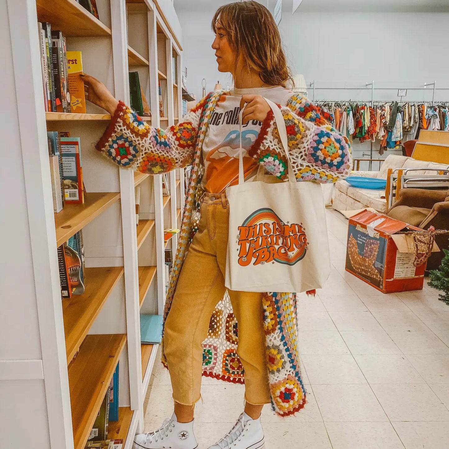 “This is my thrifting bag” Tote