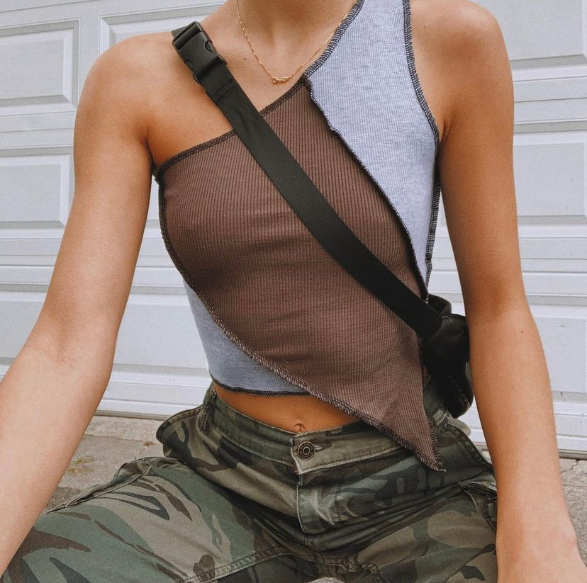 Two Tone One Shoulder Crop Top