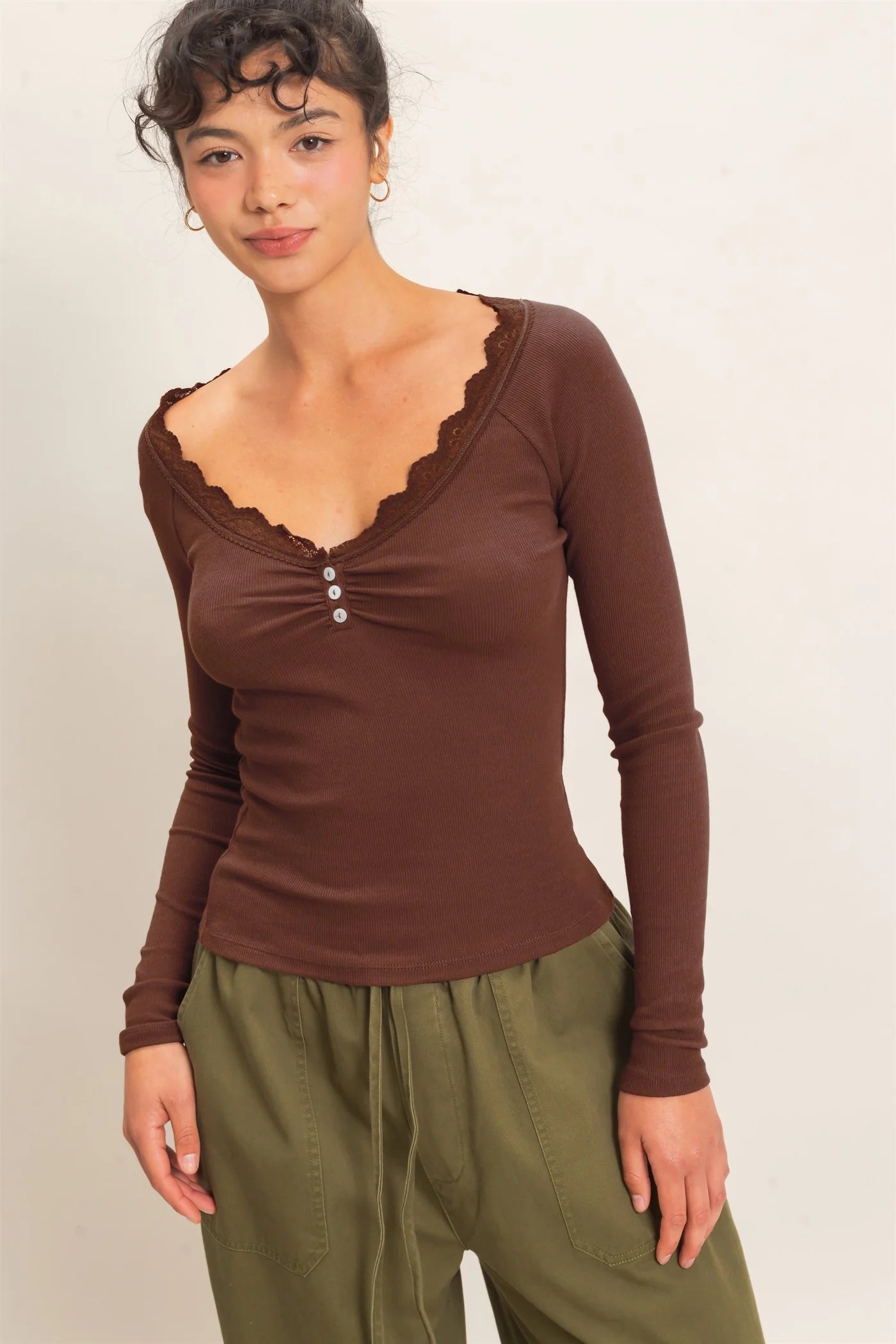 Lace-Trim Henley Top