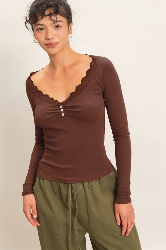 Lace-Trim Henley Top