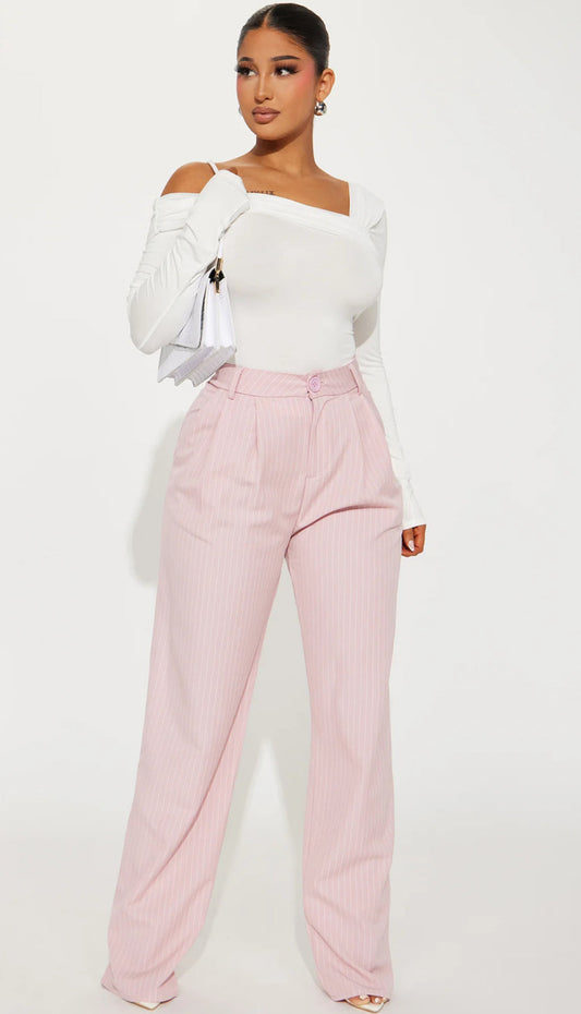 Bubblegum High-Waisted Pinstripe Trousers