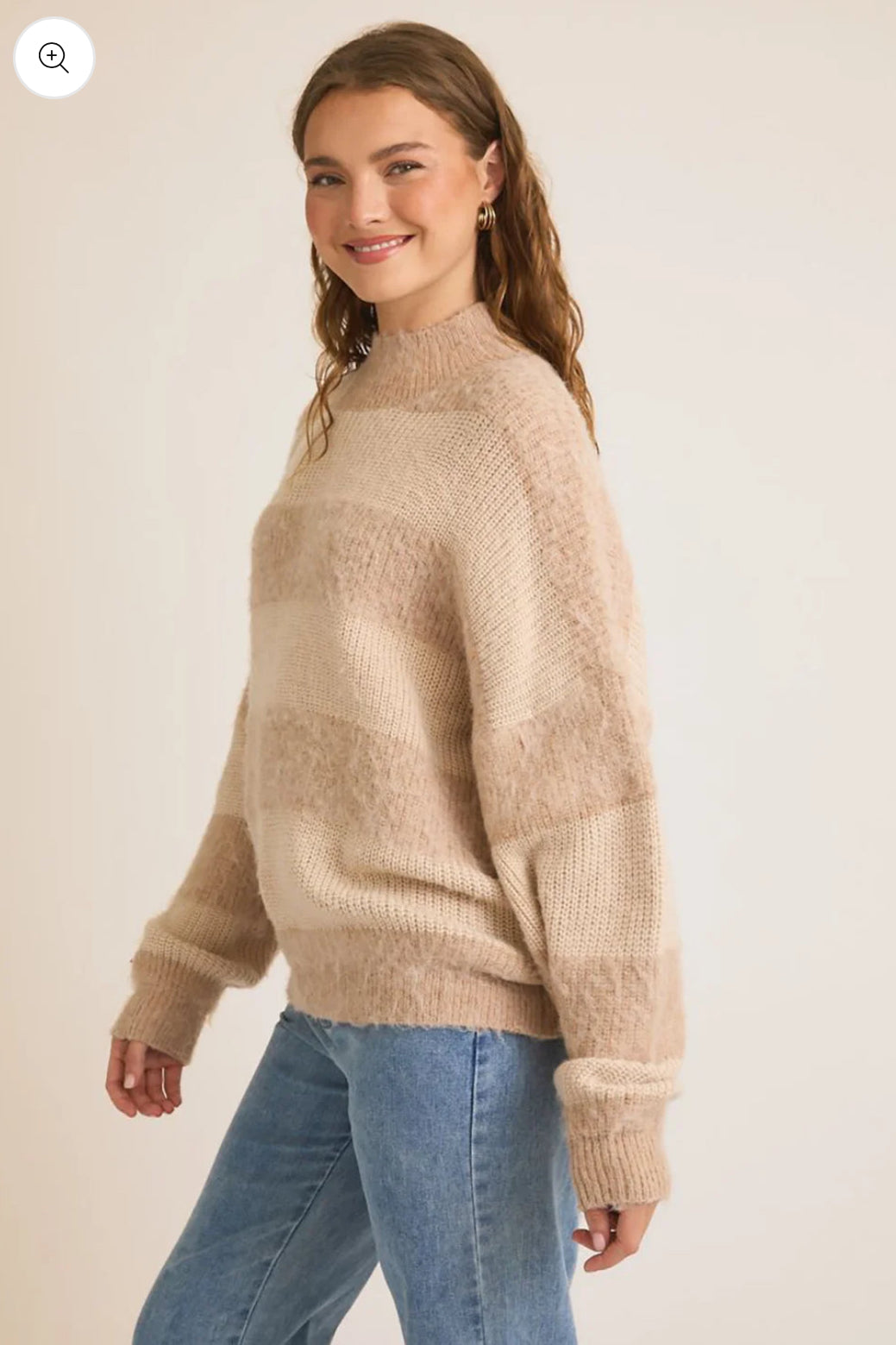 Striped Fuzzy Knit Mock Neck Oversized Sweater