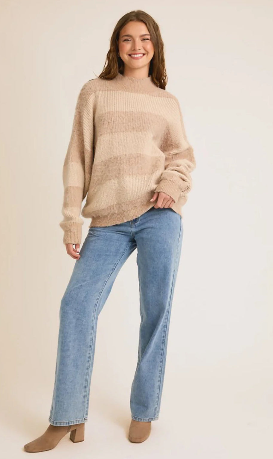 Striped Fuzzy Knit Mock Neck Oversized Sweater