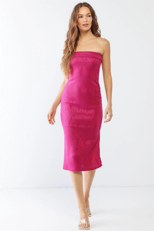 Victoria Magenta Strapless Side Slit Midi Dress