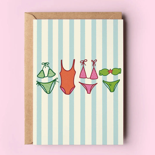 Summer Swimsuits Striped Beach Coastal Greeting Card